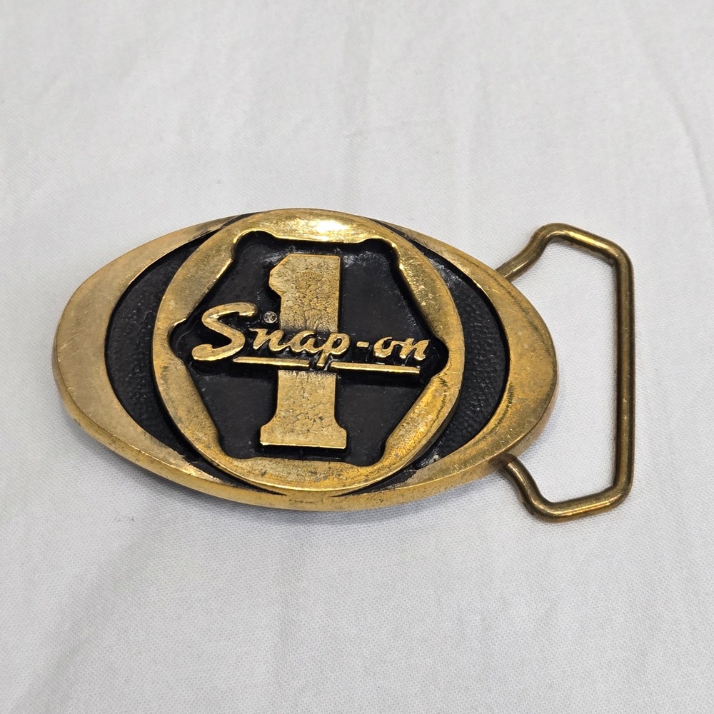 Snap-on Tools Vintage Belt Buckle Solid Brass #1 Logo Made in USA SFP-455 Gold